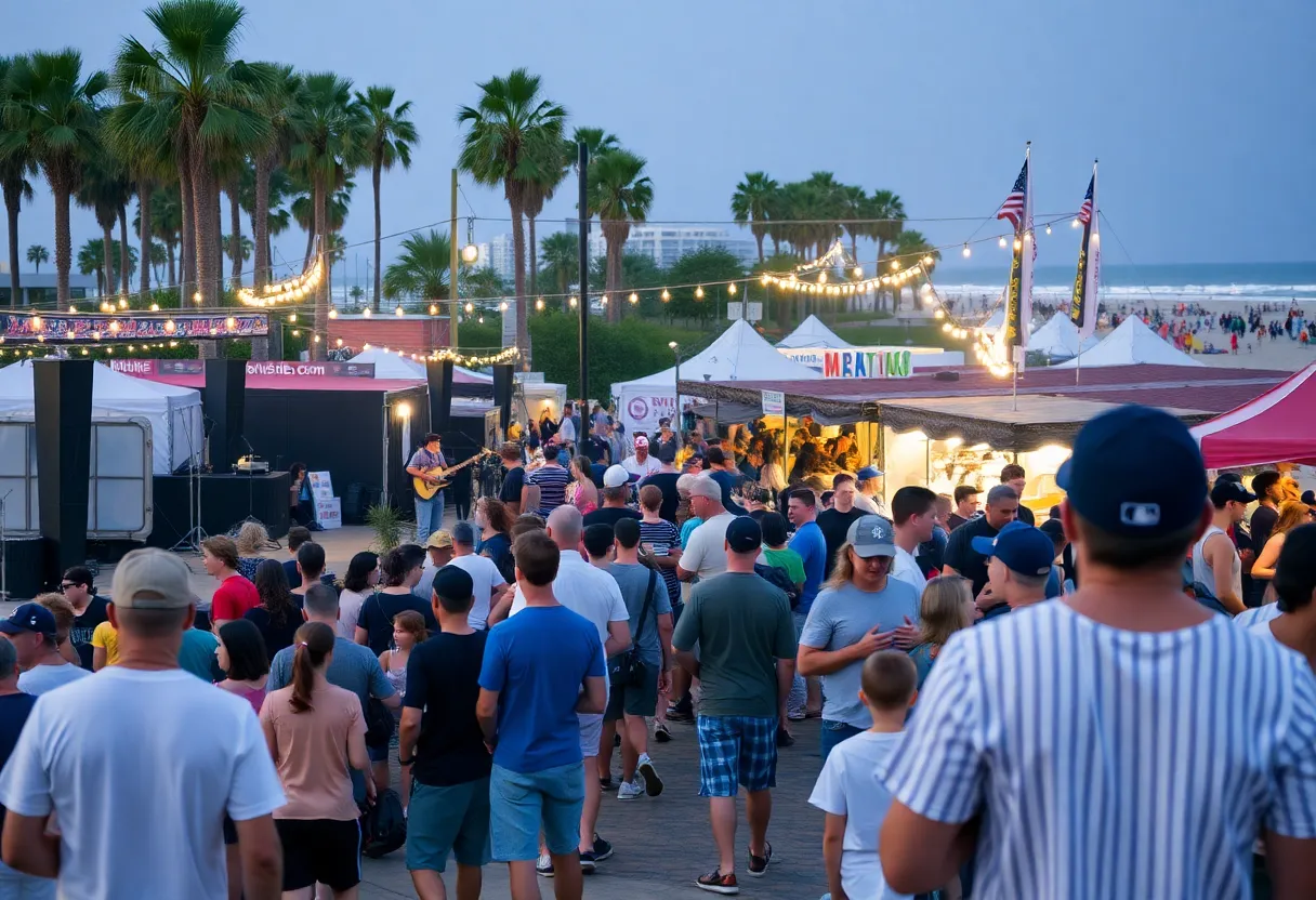 Crowds enjoying the Innings Festival with music performances and baseball activities.
