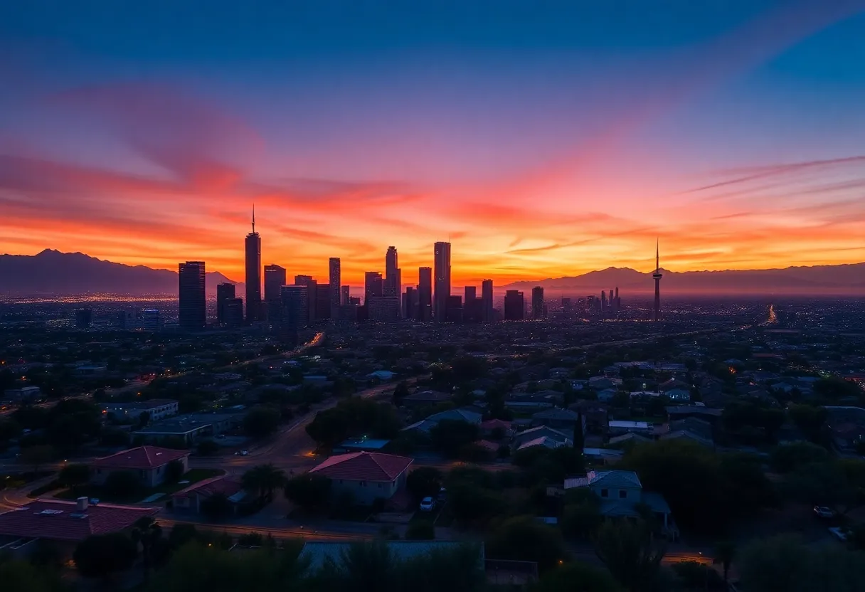 Skyline of Phoenix, AZ with a house symbolizing home buying