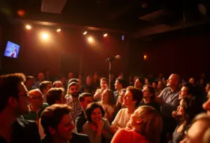A packed audience enjoying a live comedy performance at a venue.