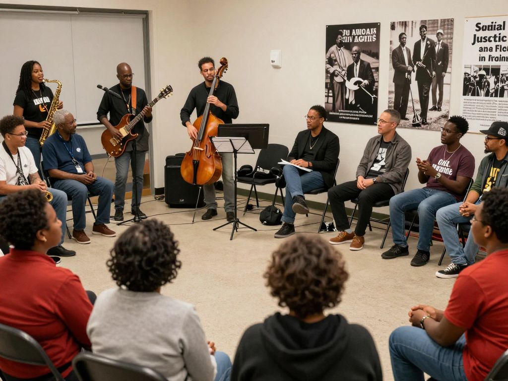 Community members engaging with jazz music and history at an educational event.
