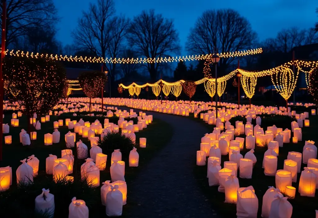 Luminaria lights illuminating a garden path at Las Noches de las Luminarias.