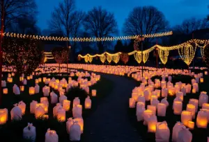 Luminaria lights illuminating a garden path at Las Noches de las Luminarias.
