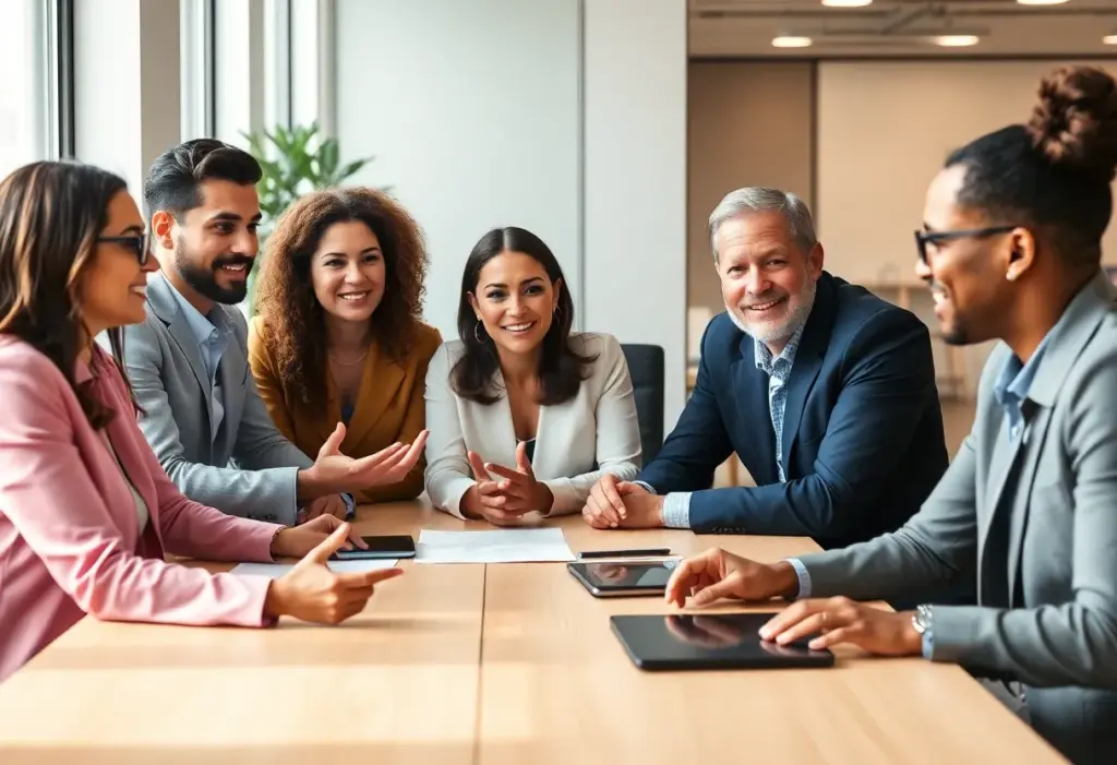 Business leaders discussing strategies for leadership development.