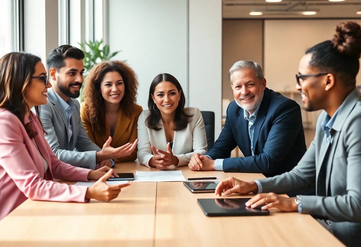 Business leaders discussing strategies for leadership development.