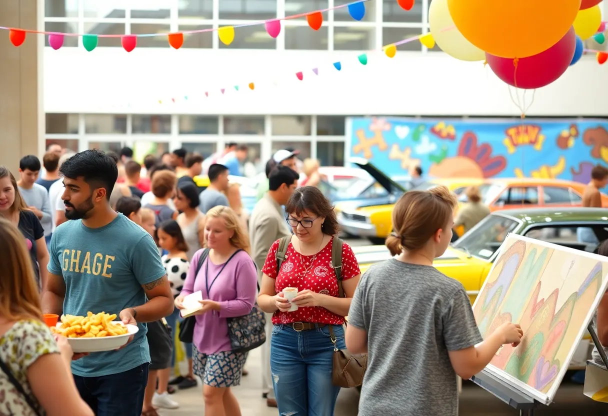Attendees enjoying the Mesa Community College 60th Anniversary Finale Celebration with food, art, and cars.