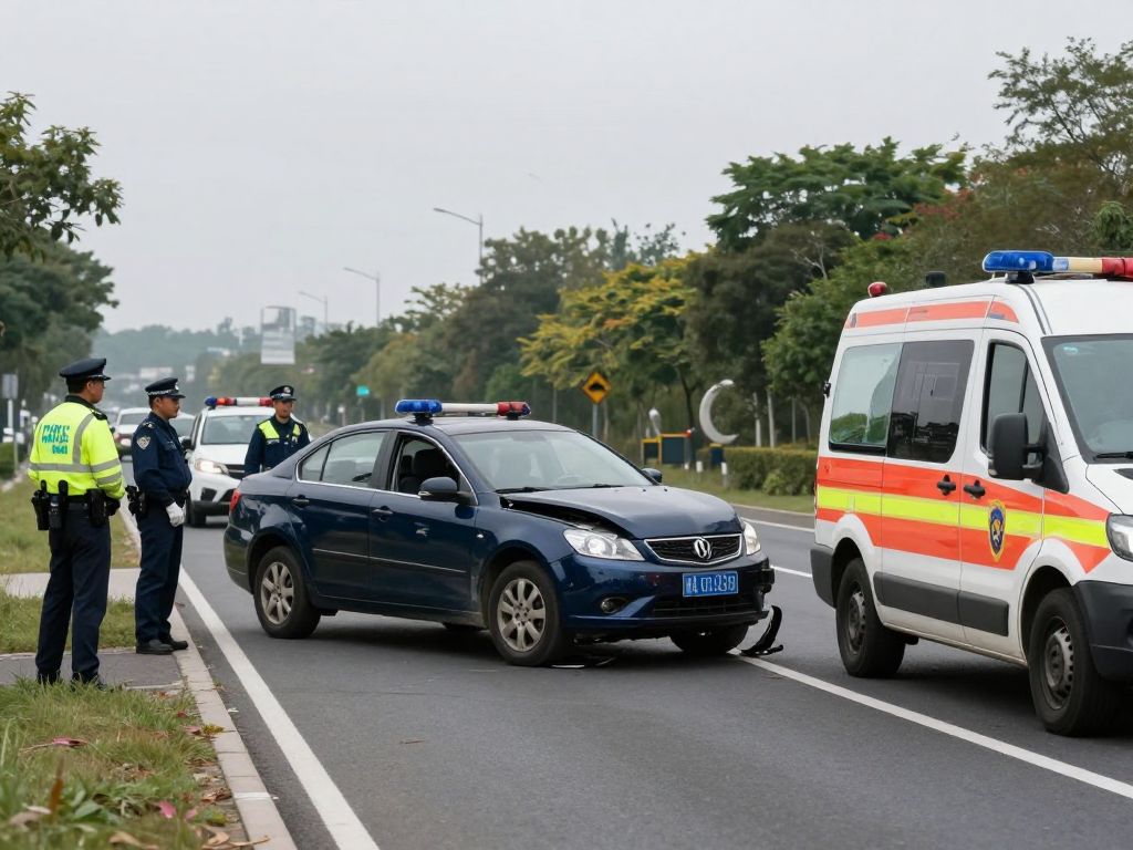 Head-on collision scene showing damaged vehicles and emergency response