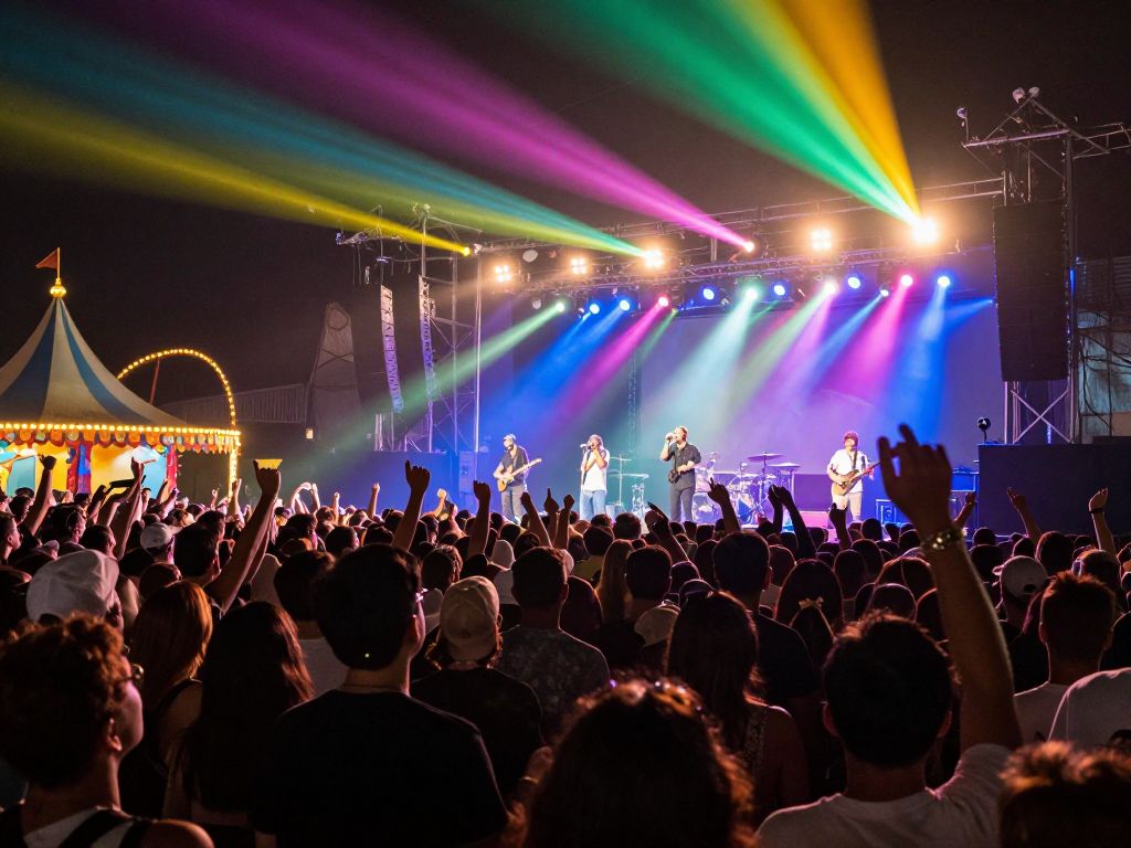 Crowd enjoying Mötley Crüe concert with carnival decorations