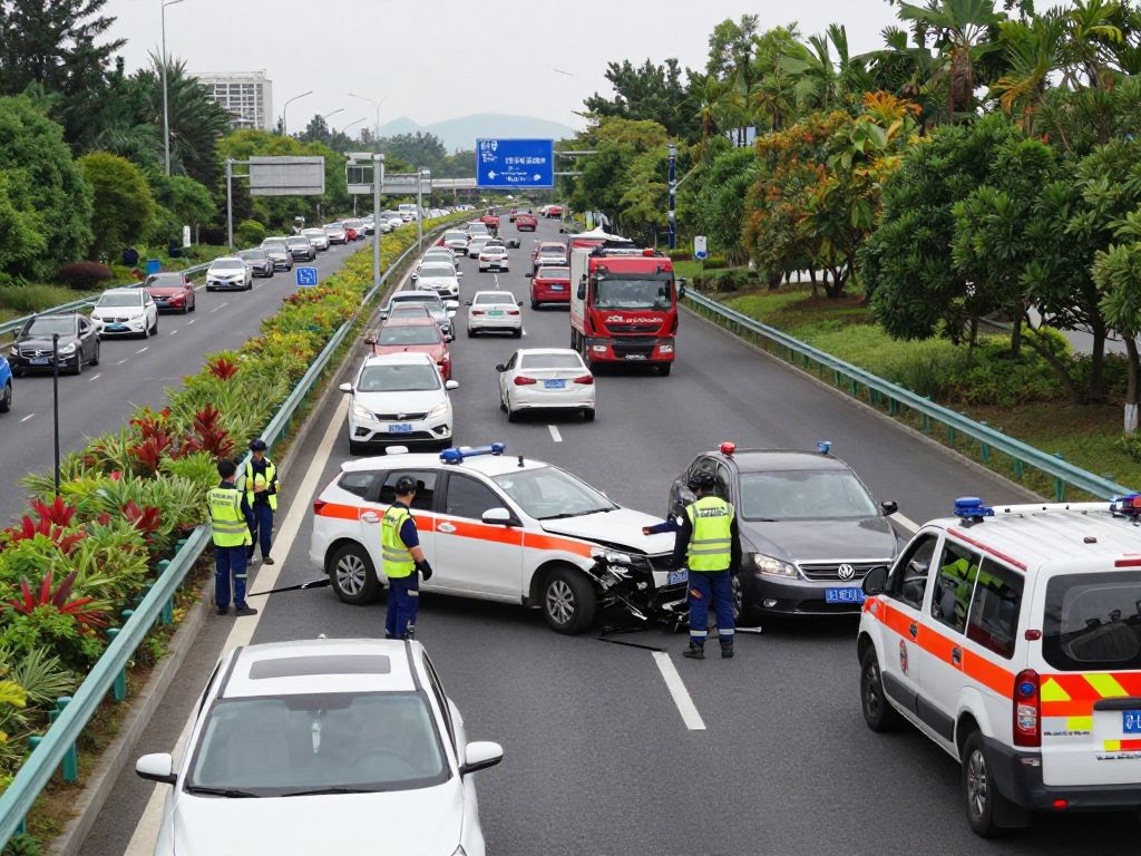 Accident scene on Loop 202 with multiple vehicles and emergency response teams.