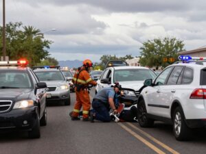 Emergency responders at a multi-vehicle collision scene in Peoria, Arizona.