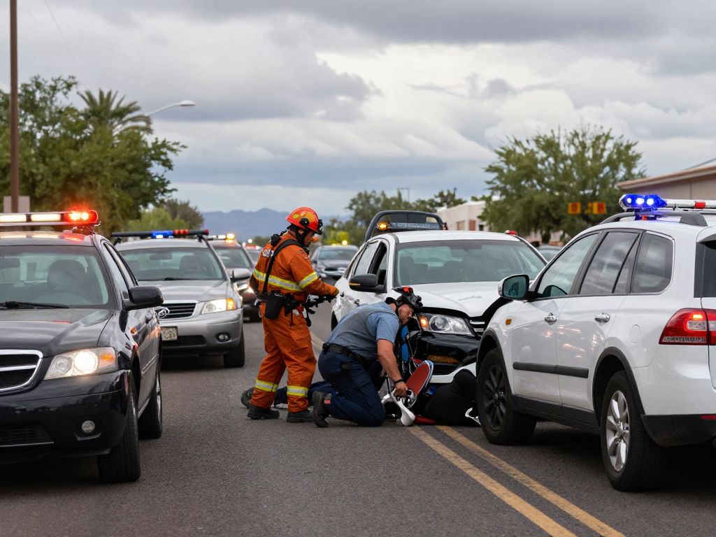 Emergency responders at a multi-vehicle collision scene in Peoria, Arizona.