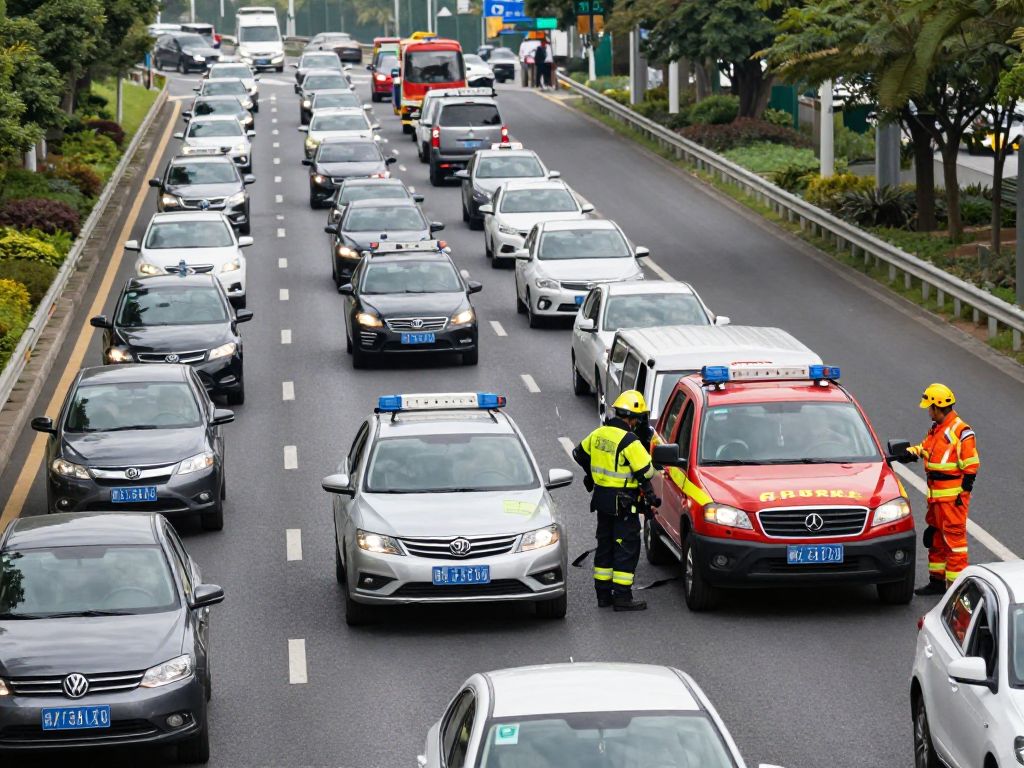 Emergency services responding to a multi-vehicle crash on a freeway.