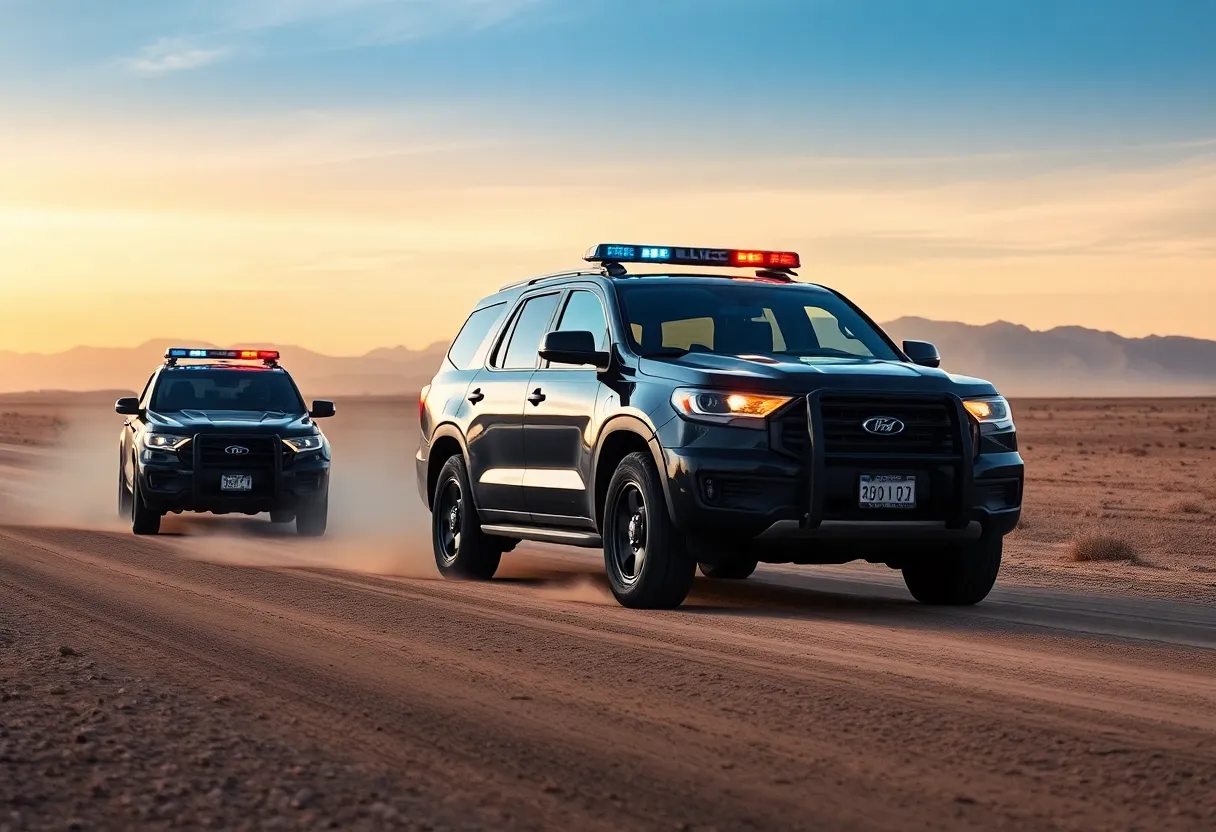 Police vehicles in the desert during a high-speed pursuit