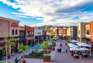 Aerial view of the new retail development in Surprise, Arizona showing commercial spaces and restaurants.