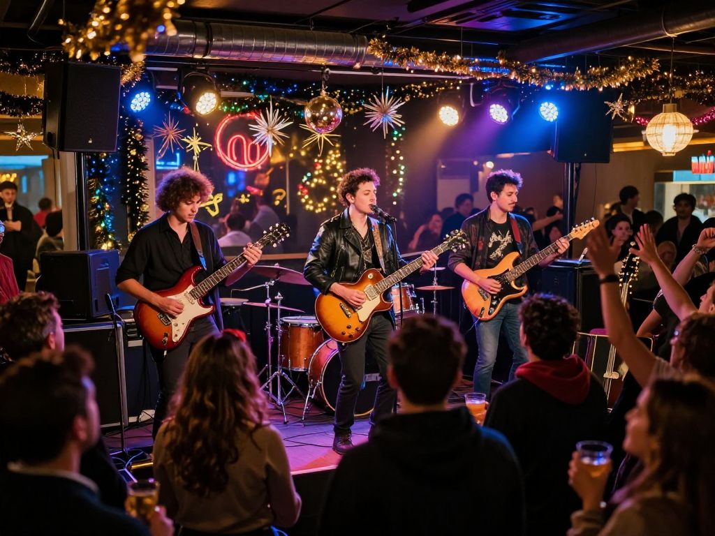 Crowd enjoying live music at a New Year's Eve event