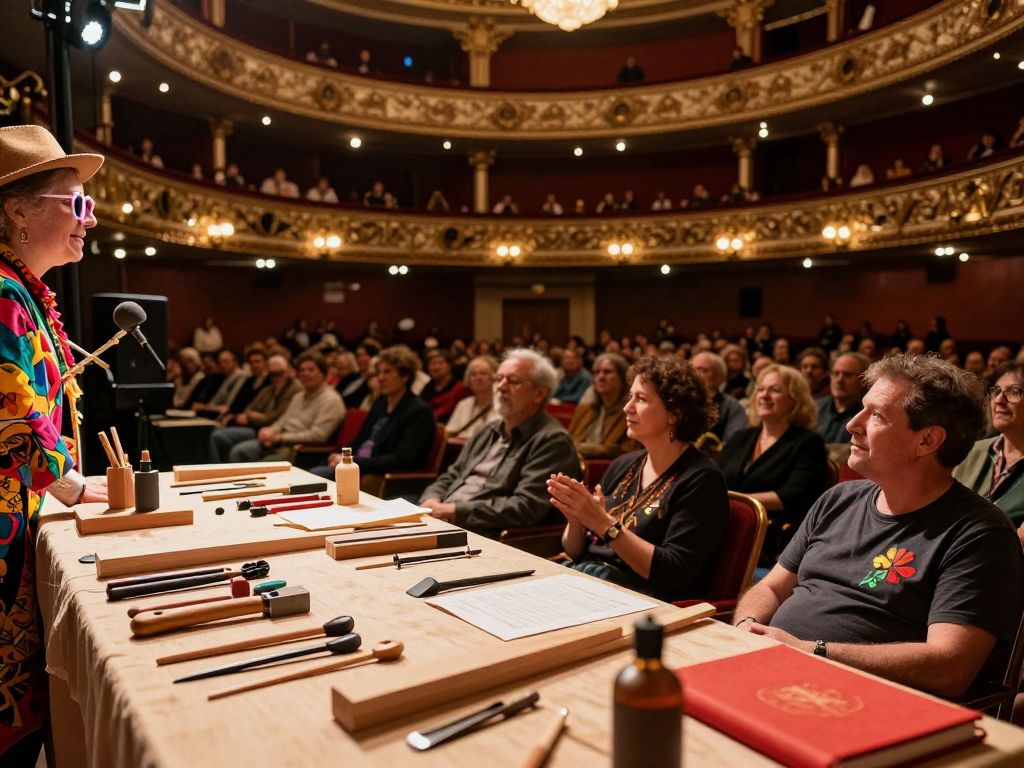 Audience enjoying a comedy show in a historic theater featuring woodworking artistry.