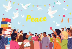 A colorful depiction of Nobel Week with elements symbolizing literature and peace.