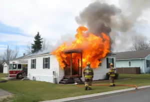 Firefighters extinguishing a blaze at a mobile home in North Phoenix.