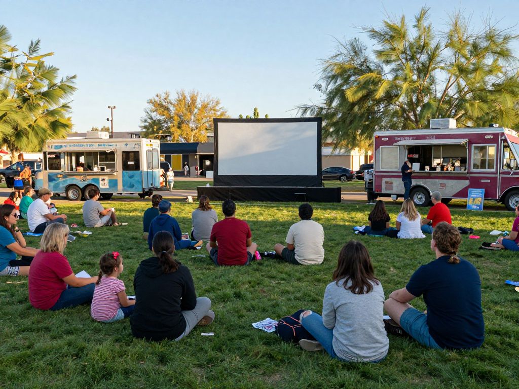 Families enjoying a movie in Paseo Highlands Park with food trucks