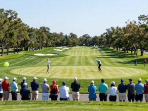 View of a golf tournament with spectators and players at a lush green golf course.