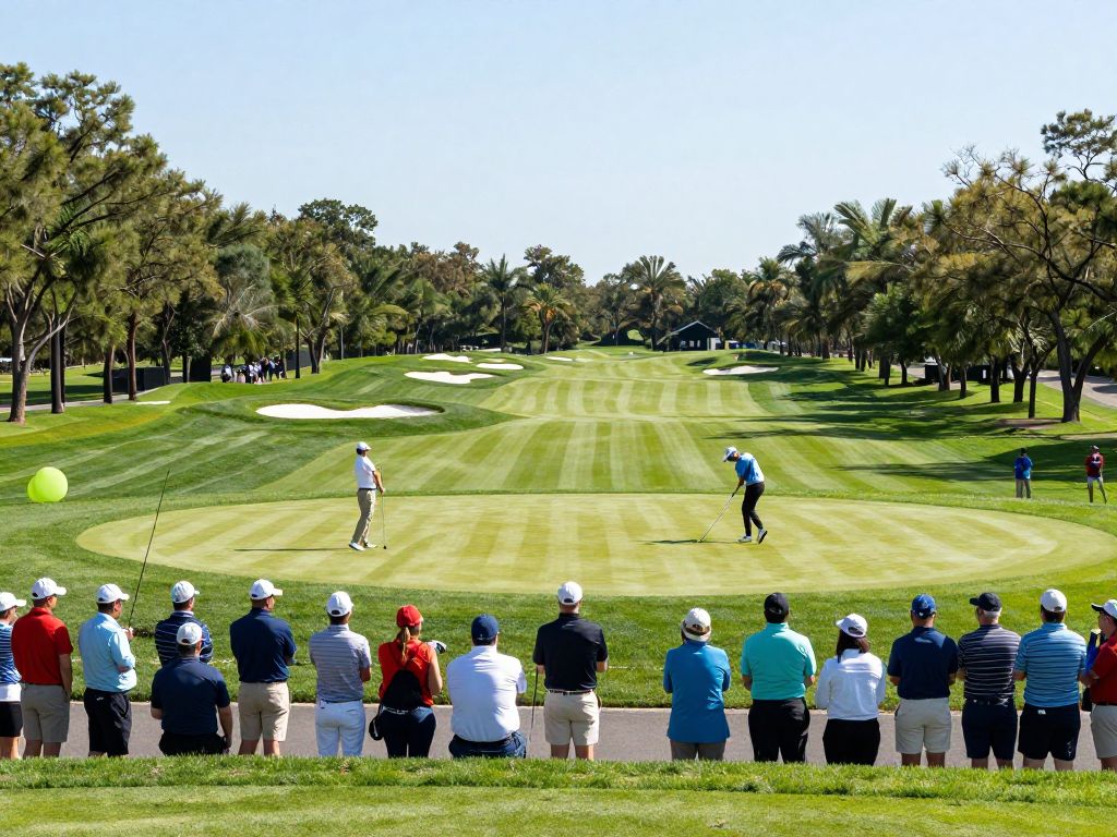 View of a golf tournament with spectators and players at a lush green golf course.