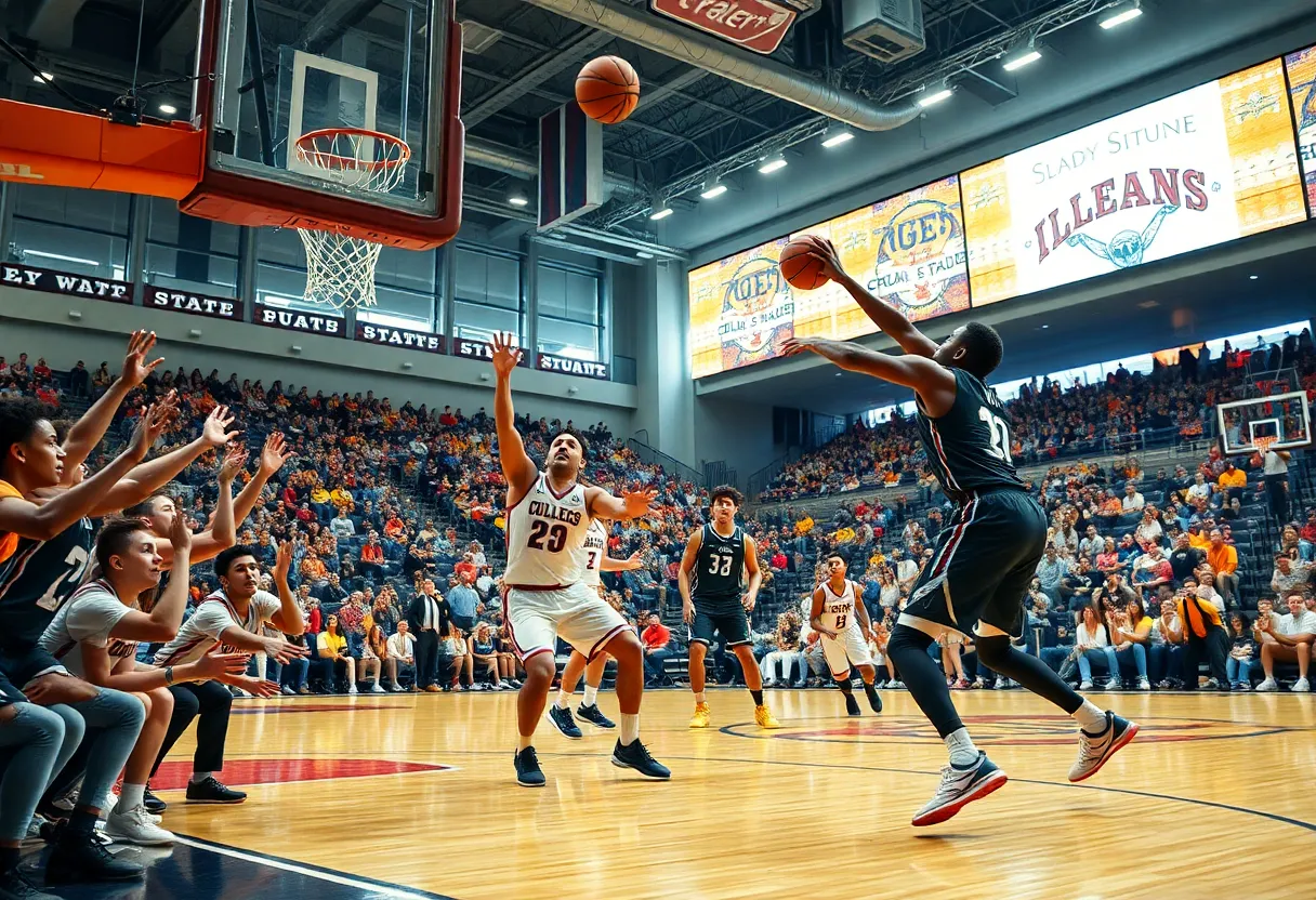 Action shot of a college basketball game featuring Oklahoma State Cowboys players and cheering fans.