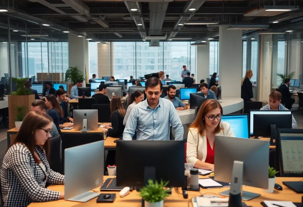 An office scene in Phoenix showcasing professionals discussing outsourcing trends.