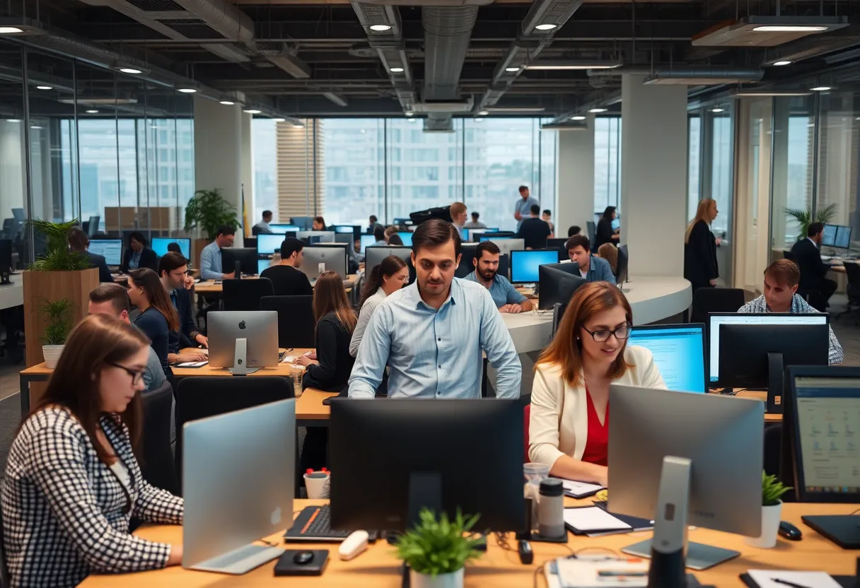 An office scene in Phoenix showcasing professionals discussing outsourcing trends.
