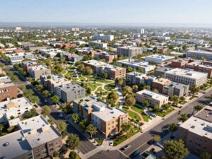 Architectural design of the Palo District redevelopment in Mesa, featuring health facilities and community spaces.