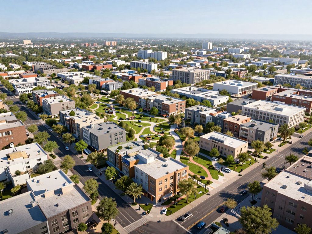 Architectural design of the Palo District redevelopment in Mesa, featuring health facilities and community spaces.