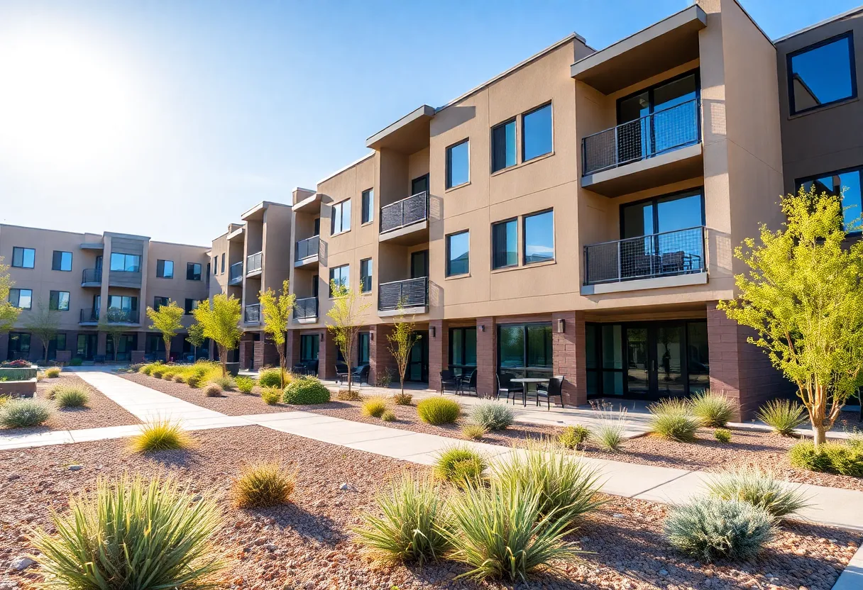 Modern apartment buildings in Phoenix featuring desert landscaping.