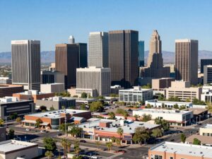 Skyline of Phoenix, Arizona with economic symbols