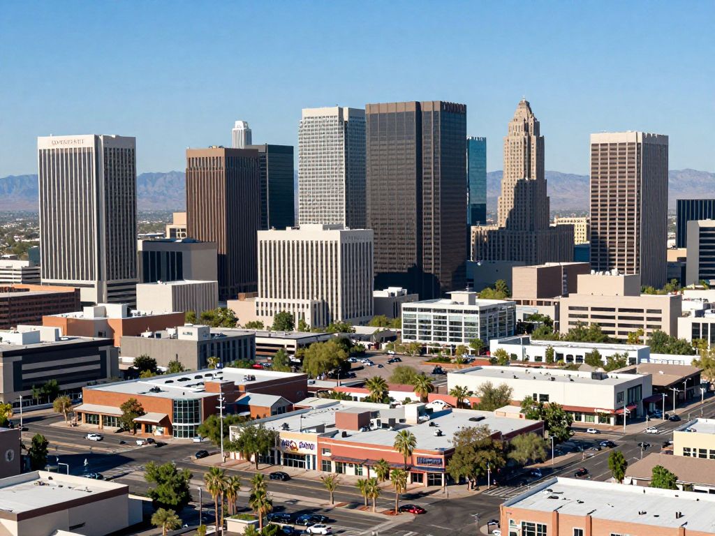 Skyline of Phoenix, Arizona with economic symbols