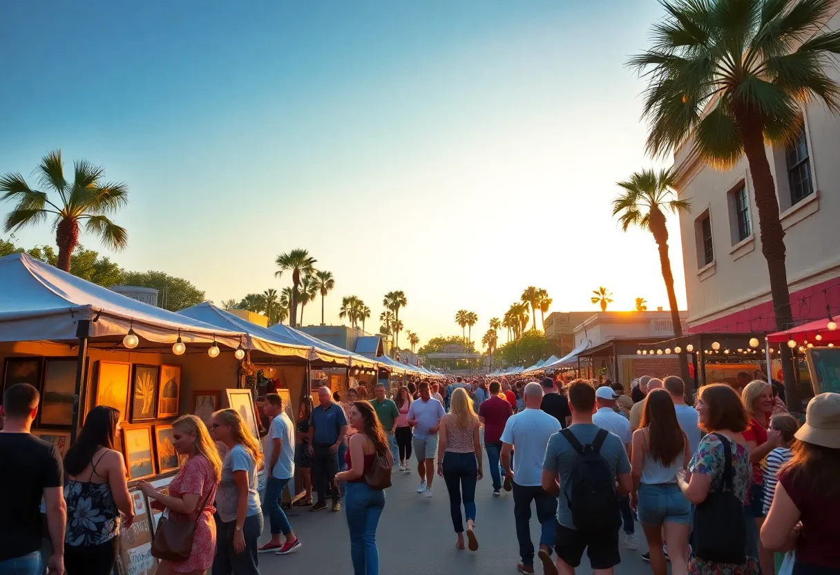 Crowd enjoying the Phoenix Art Walk with various art displays and live music.