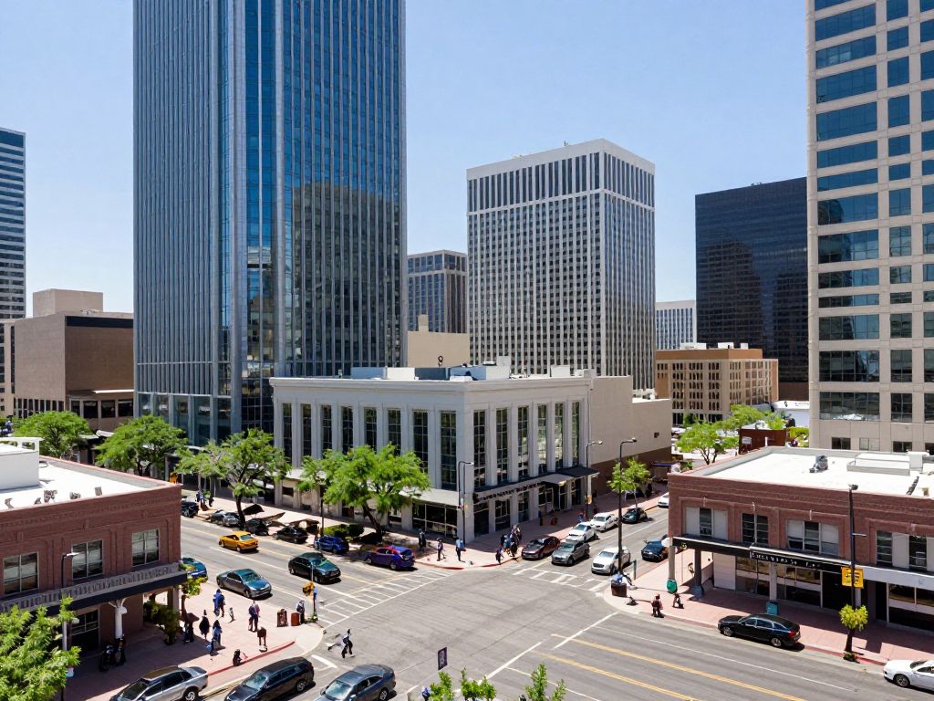 A vibrant city scene of Phoenix showcasing businesses and urban development.