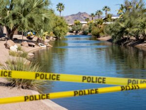 Canal in Phoenix marked by police tape, indicating an investigation.