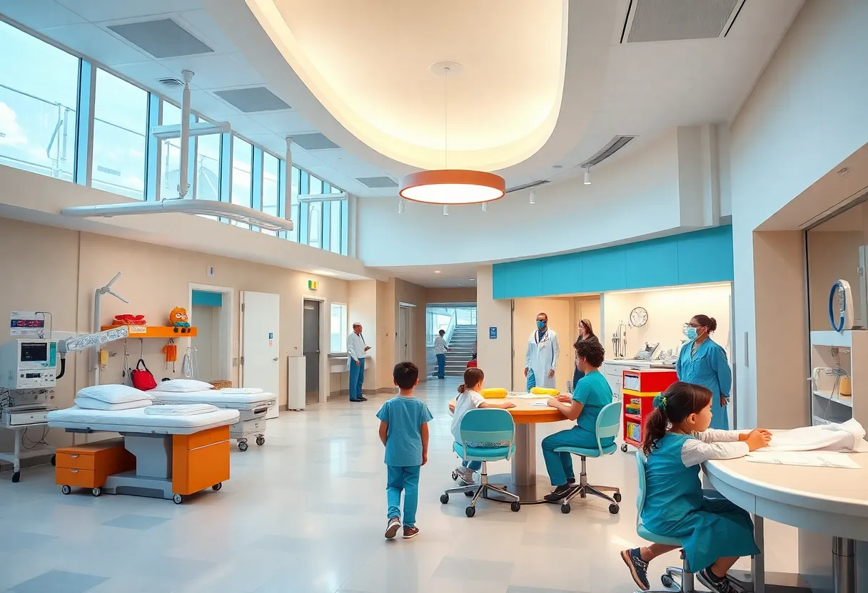 Image of the new facility at Phoenix Children's Hospital with children and healthcare professionals.