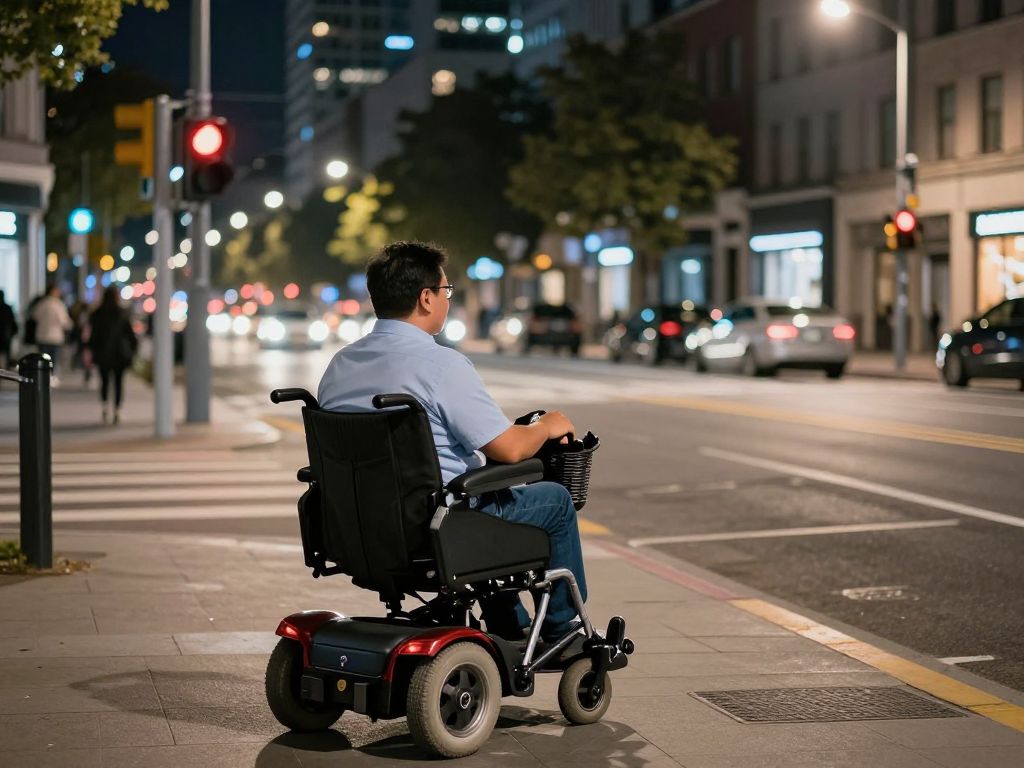Nighttime view of a city intersection with traffic lights