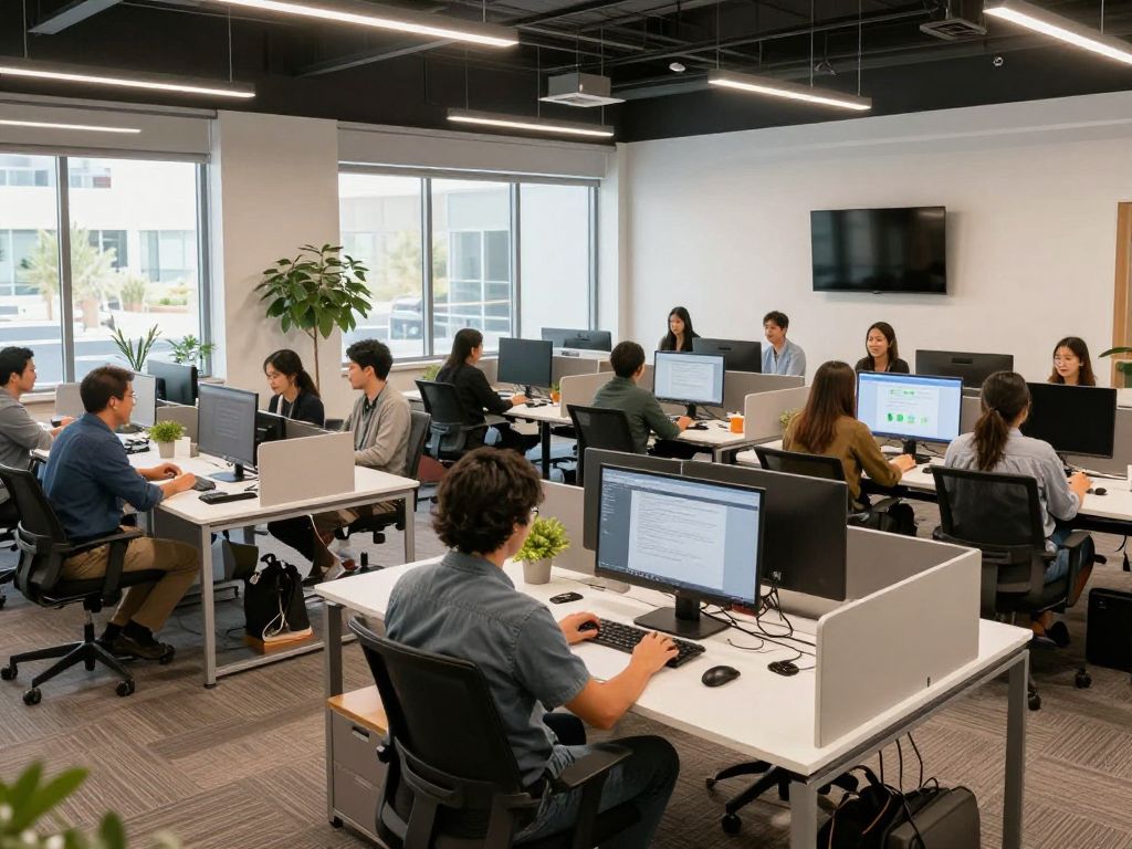 A vibrant coworking space in Phoenix featuring modern workstations and professionals working together.