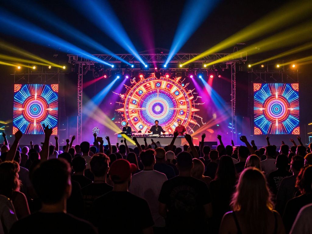 Crowd enjoying an electronic music event in Phoenix with lights and art