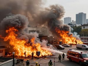 Firefighters battling a large fire in Phoenix with smoke in the sky