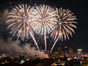 Colorful fireworks over Phoenix skyline during New Year's Eve