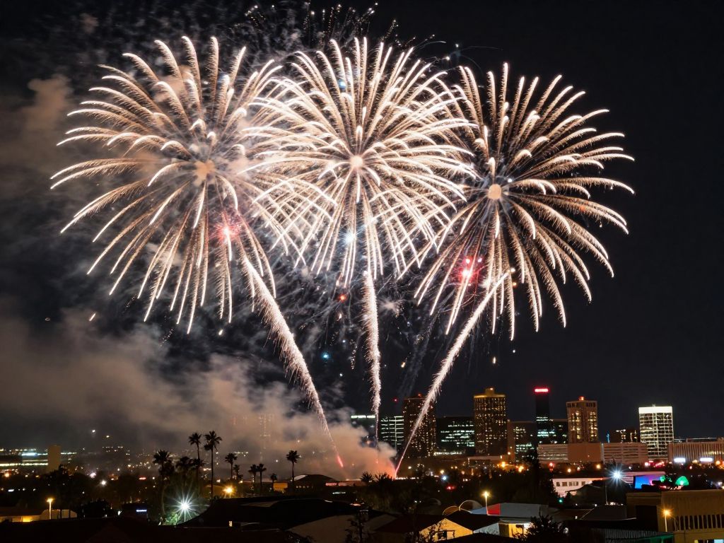 Colorful fireworks over Phoenix skyline during New Year's Eve