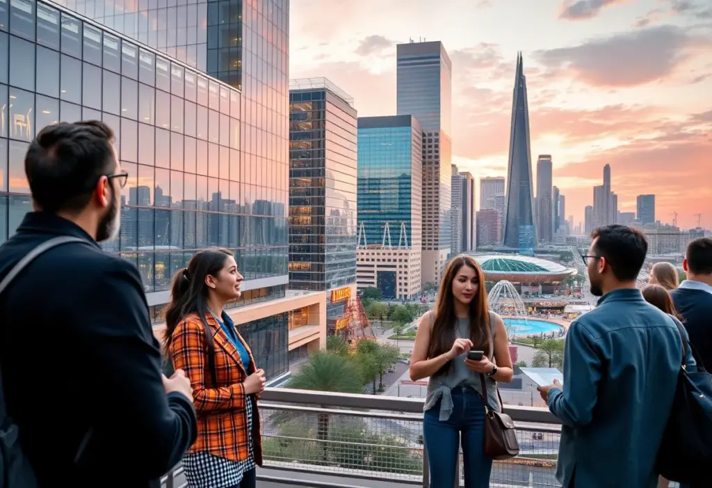 Cityscape of Phoenix with young entrepreneurs networking