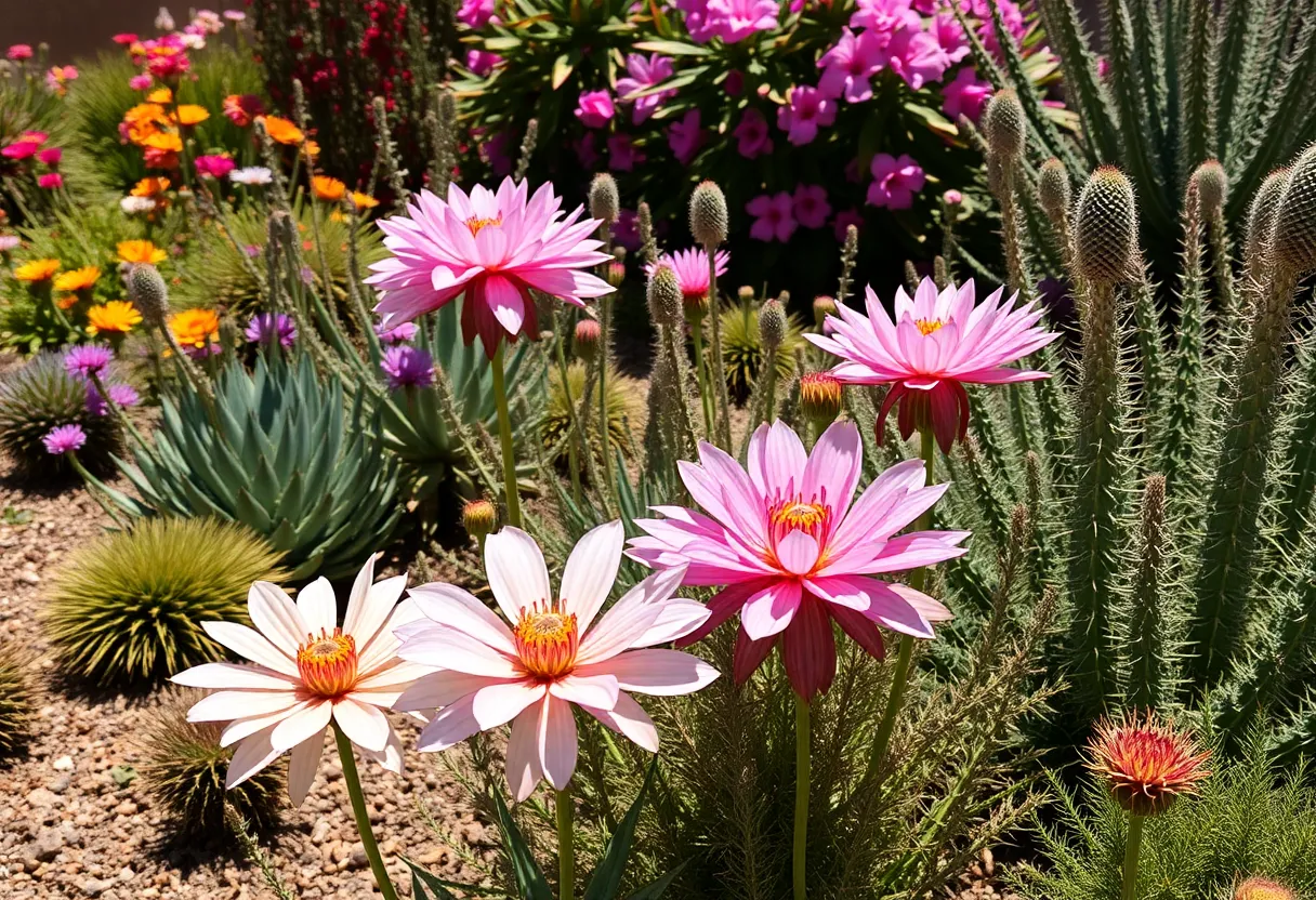A colorful garden in Phoenix with diverse flowering plants.