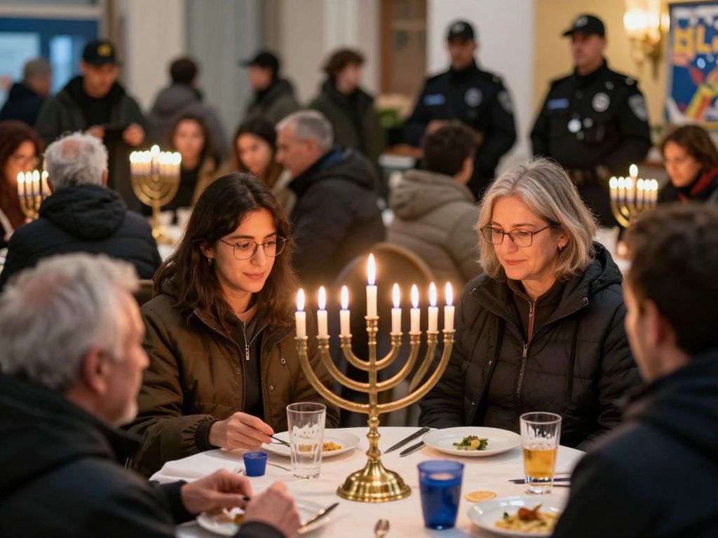 Community members celebrating Hanukkah in Phoenix with a menorah.