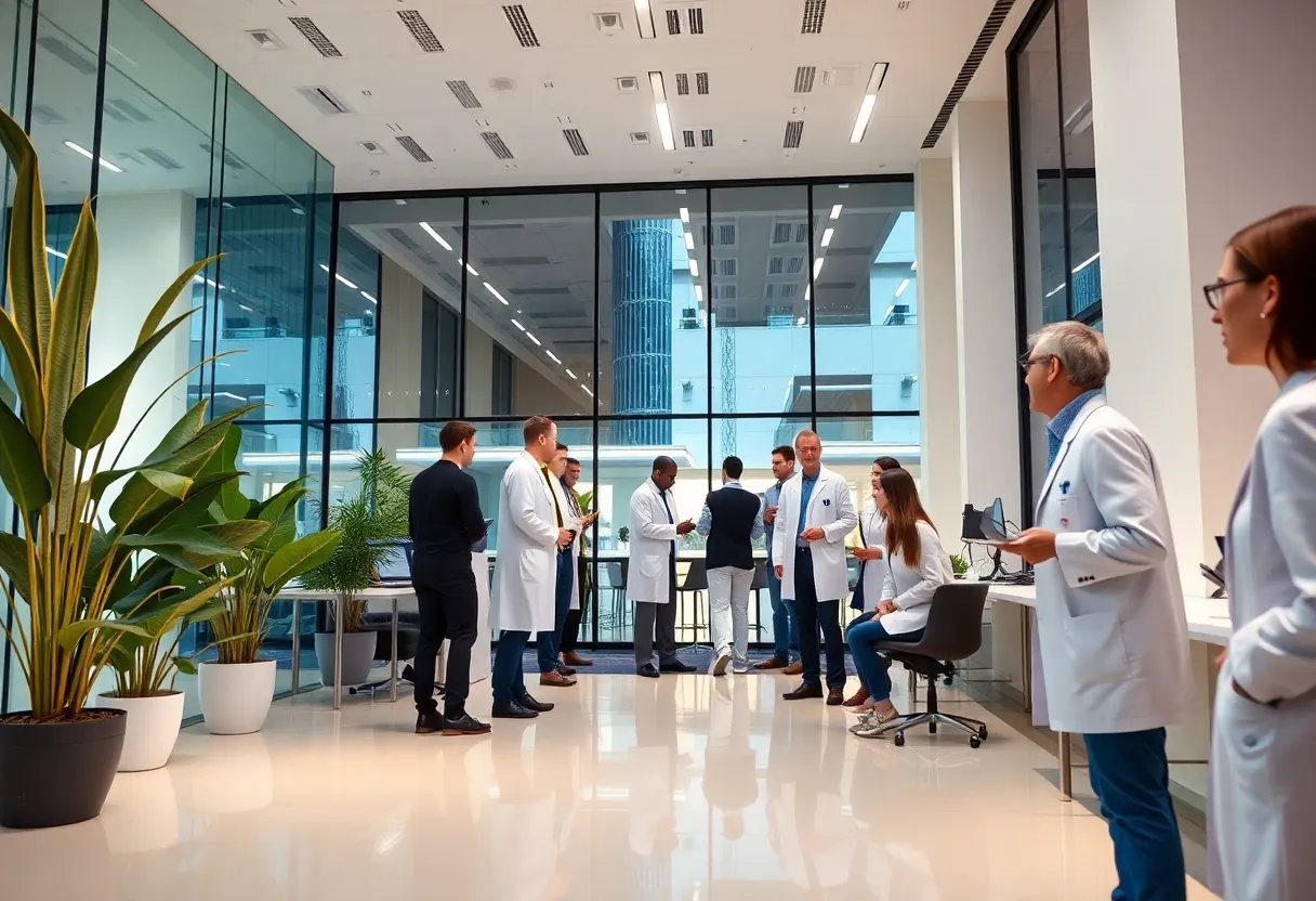 A modern healthcare technology environment in Phoenix, featuring collaboration among tech professionals and healthcare providers.