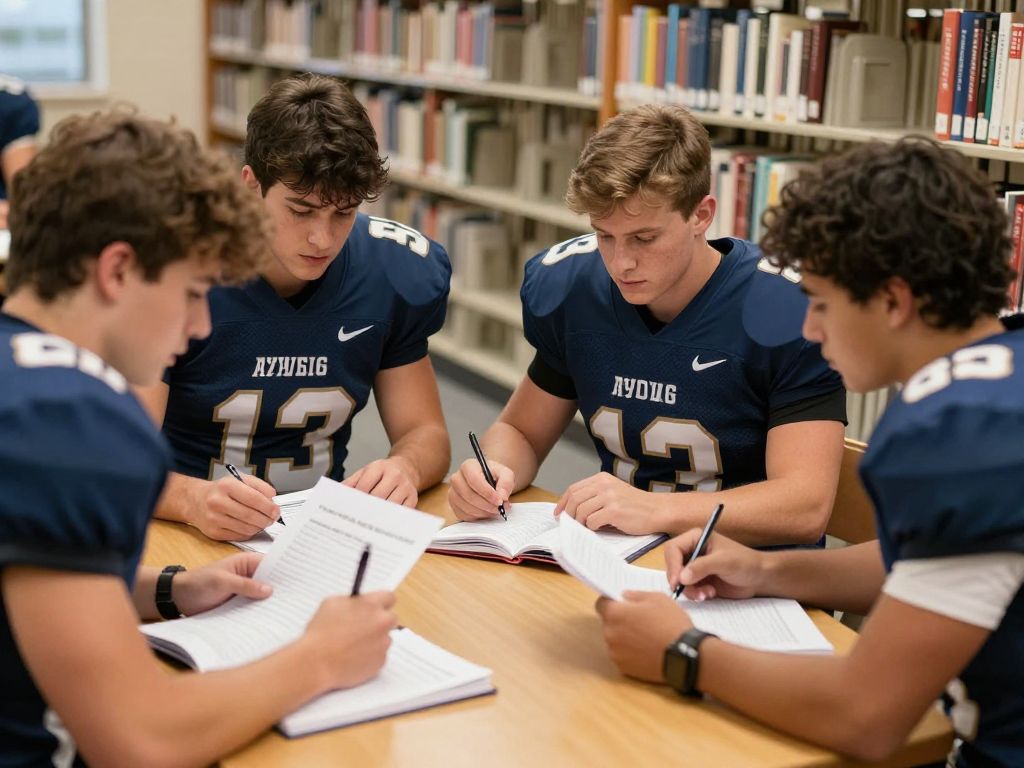 High school football players studying together, promoting academic success.