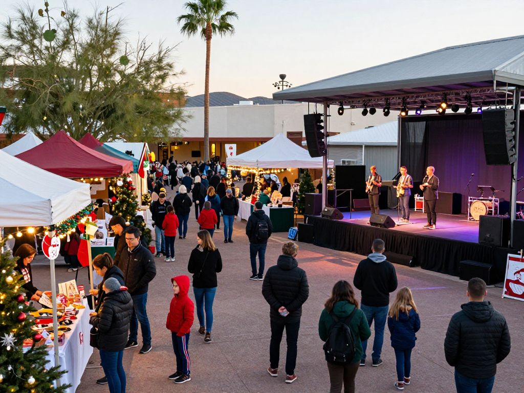 A lively scene of a holiday market in Phoenix with families and performers.
