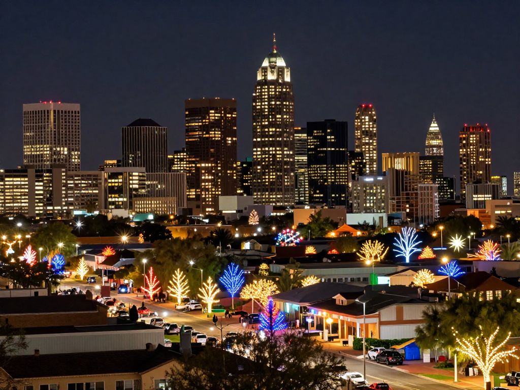 Skyline of Phoenix illuminated with holiday lights and decorations.