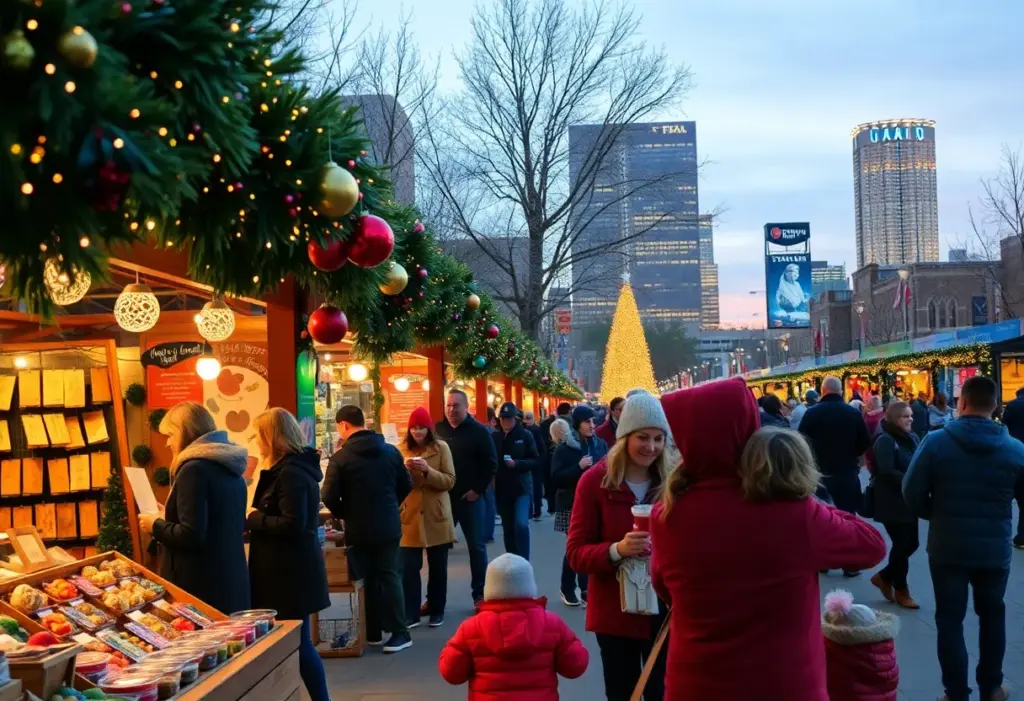 People enjoying a holiday market in Phoenix with lights and decorations.